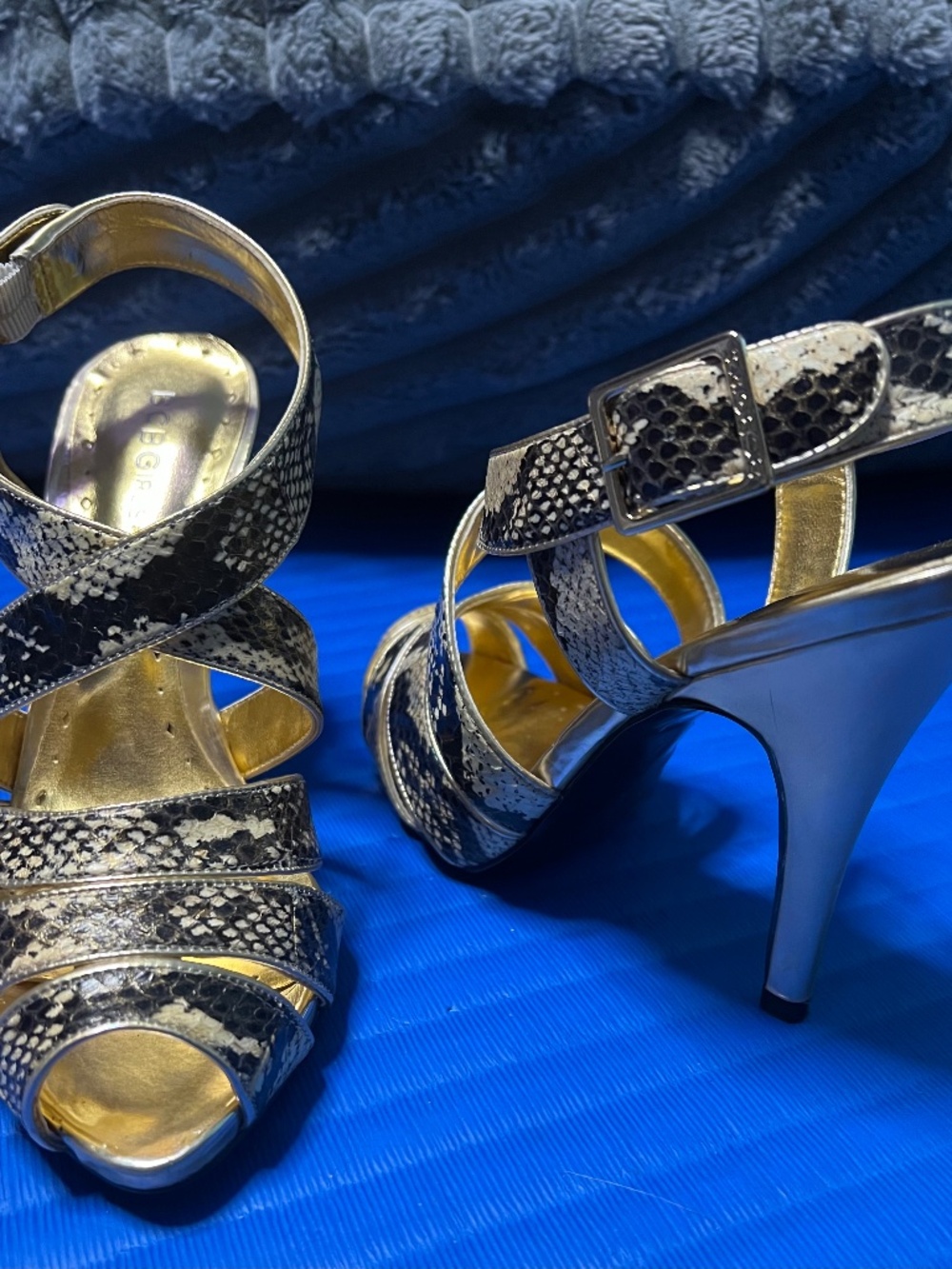 BCBG Heeled Sandals, Gold and Snake patterned